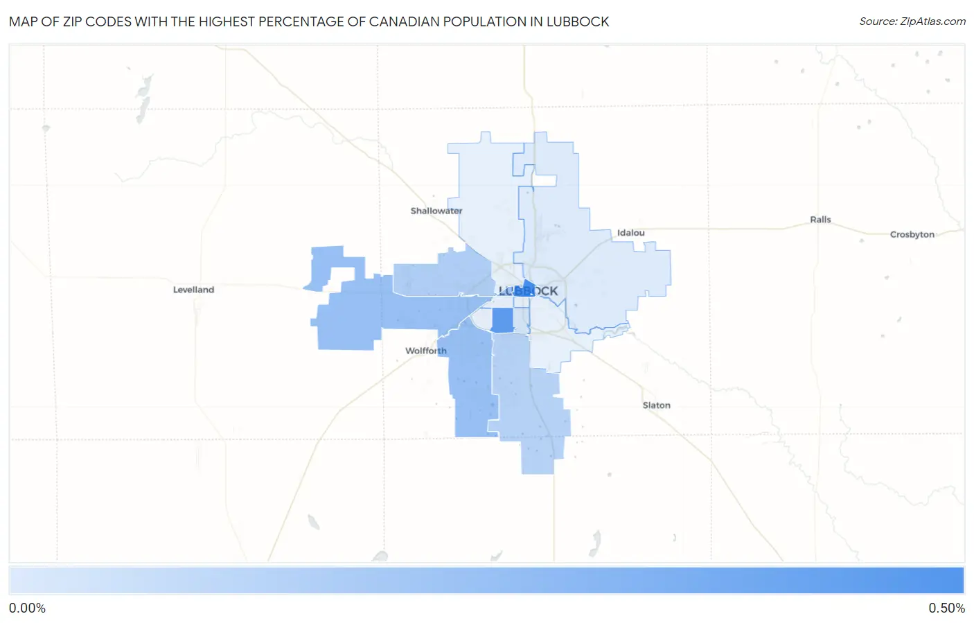 Zip Codes with the Highest Percentage of Canadian Population in Lubbock Map