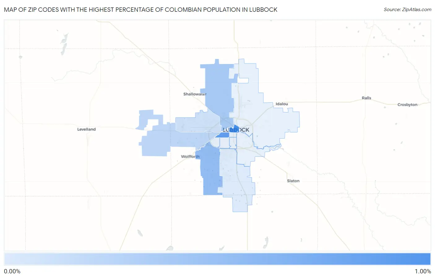Zip Codes with the Highest Percentage of Colombian Population in Lubbock Map