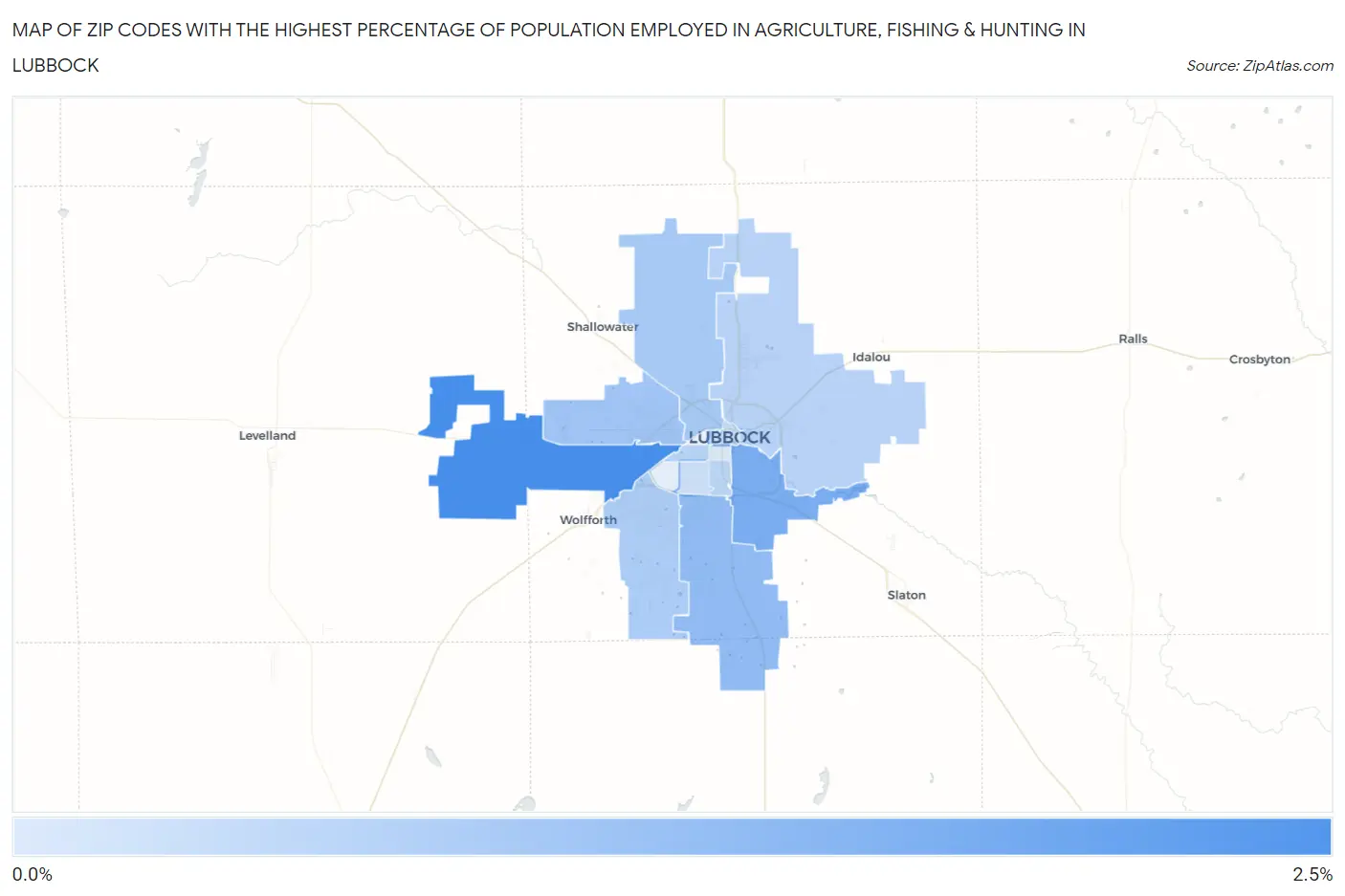 Zip Codes with the Highest Percentage of Population Employed in Agriculture, Fishing & Hunting in Lubbock Map