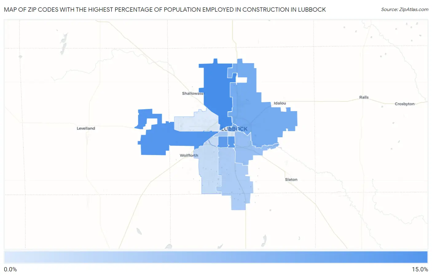 Zip Codes with the Highest Percentage of Population Employed in Construction in Lubbock Map