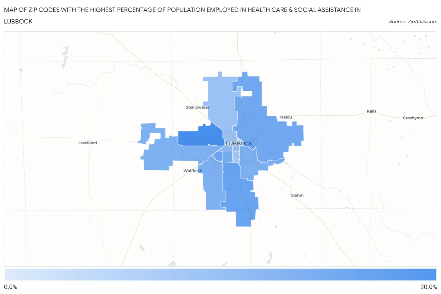 Zip Codes with the Highest Percentage of Population Employed in Health Care & Social Assistance in Lubbock Map