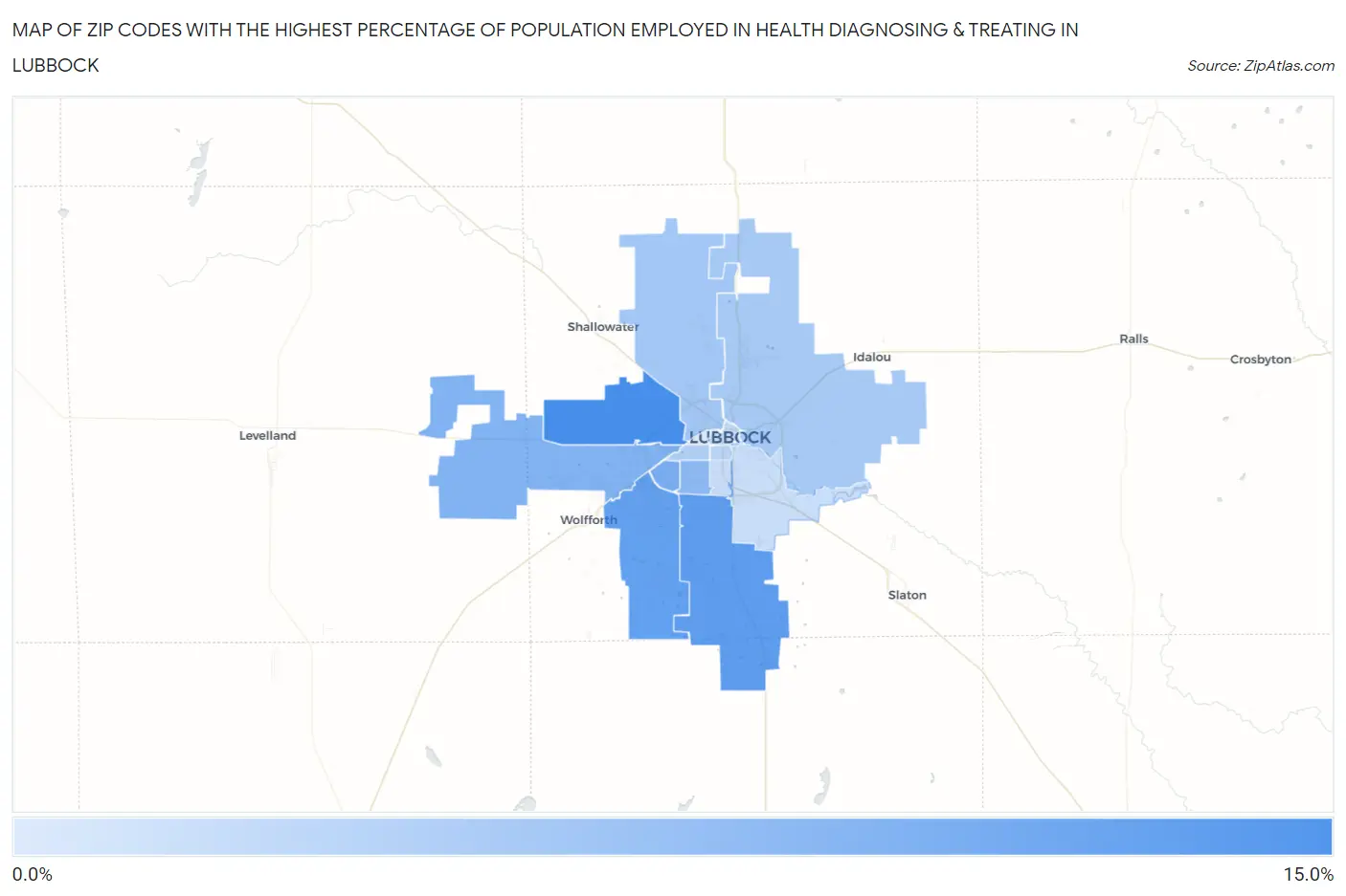 Zip Codes with the Highest Percentage of Population Employed in Health Diagnosing & Treating in Lubbock Map