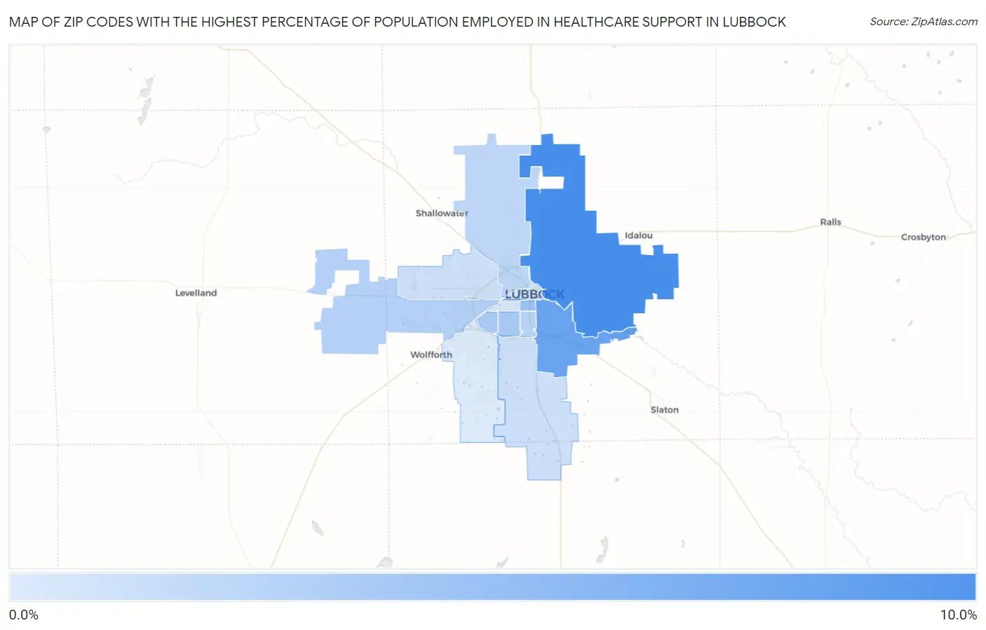 Zip Codes with the Highest Percentage of Population Employed in Healthcare Support in Lubbock Map
