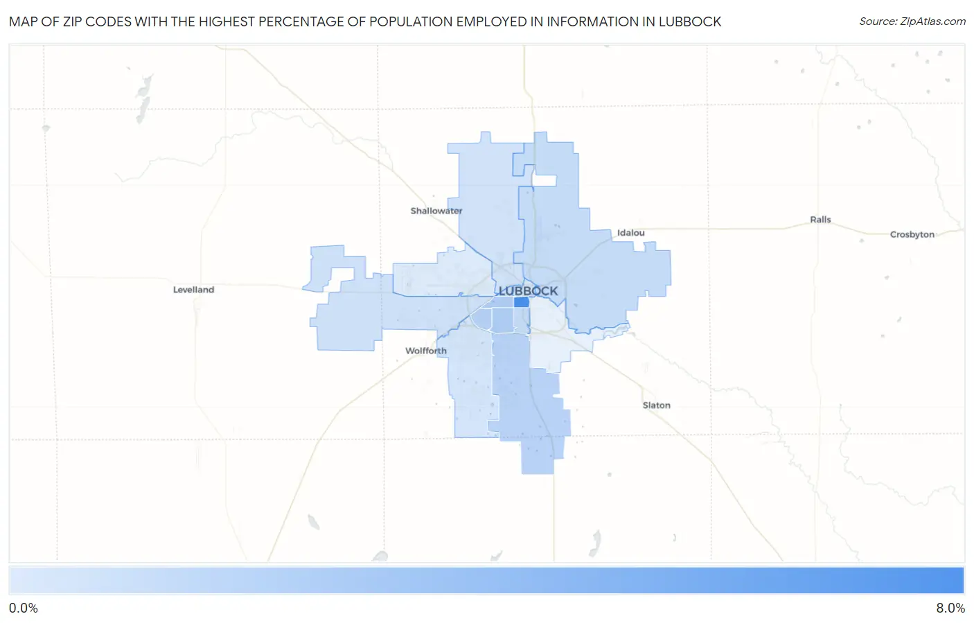 Zip Codes with the Highest Percentage of Population Employed in Information in Lubbock Map
