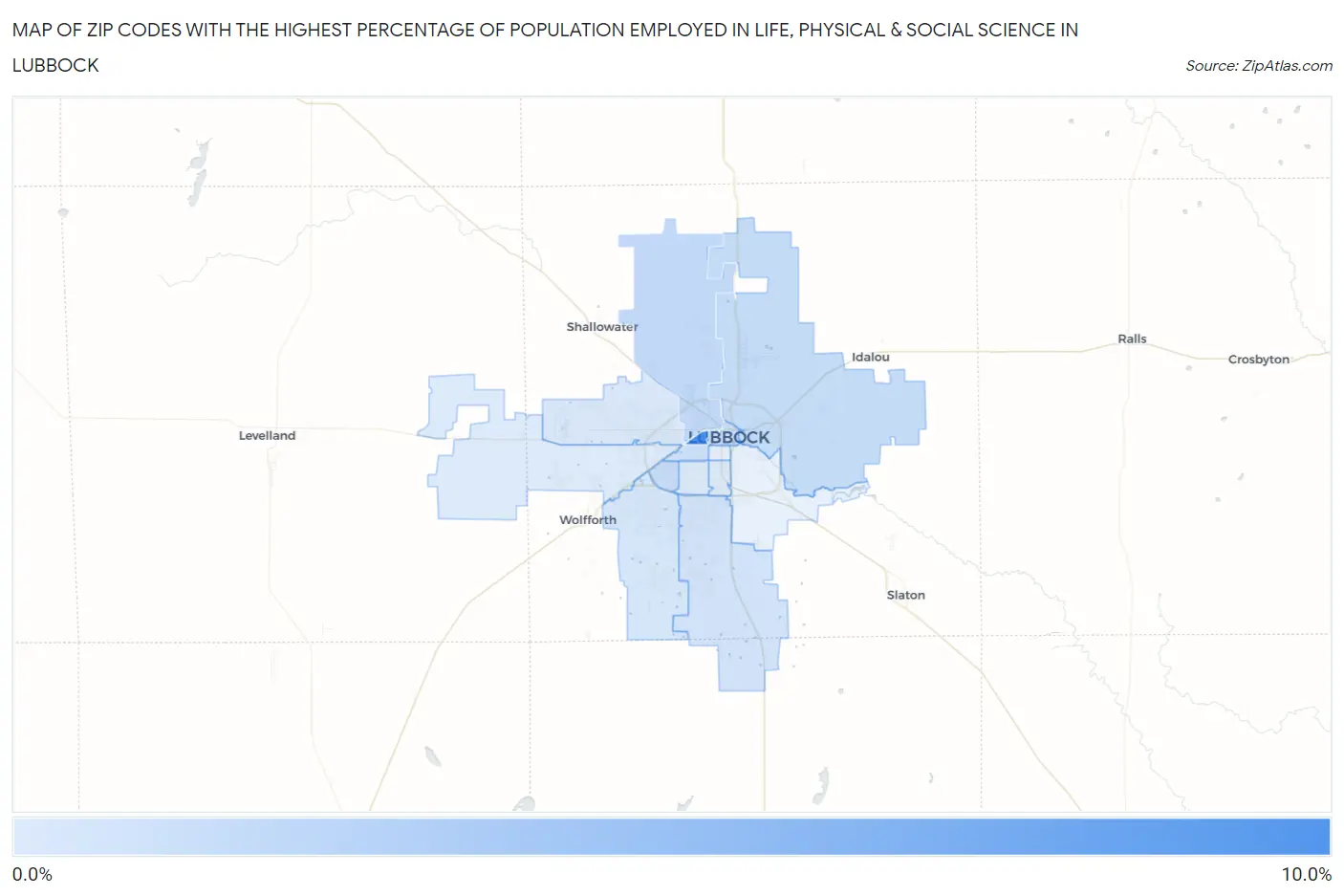 Zip Codes with the Highest Percentage of Population Employed in Life, Physical & Social Science in Lubbock Map