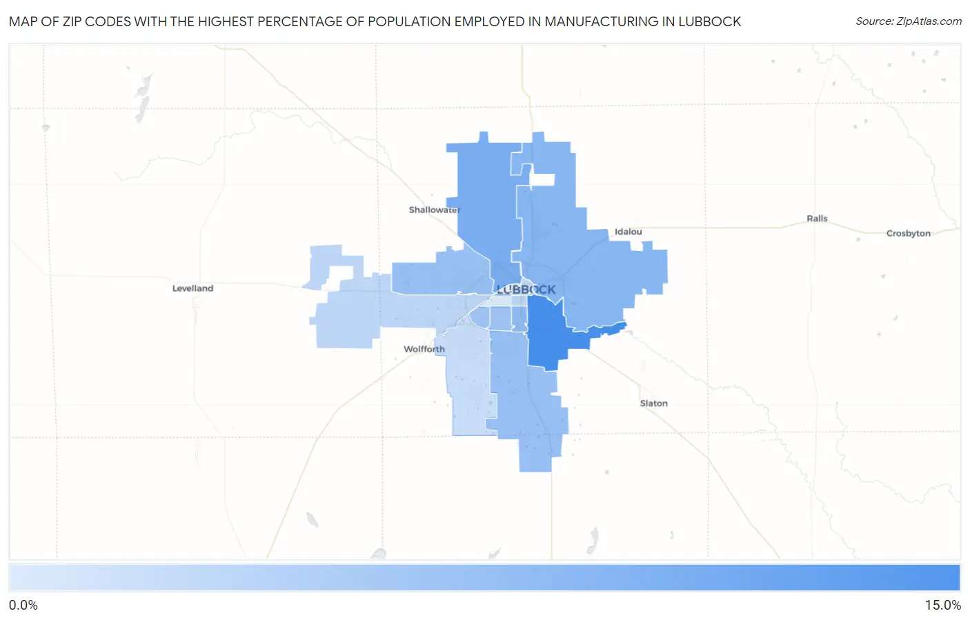 Zip Codes with the Highest Percentage of Population Employed in Manufacturing in Lubbock Map