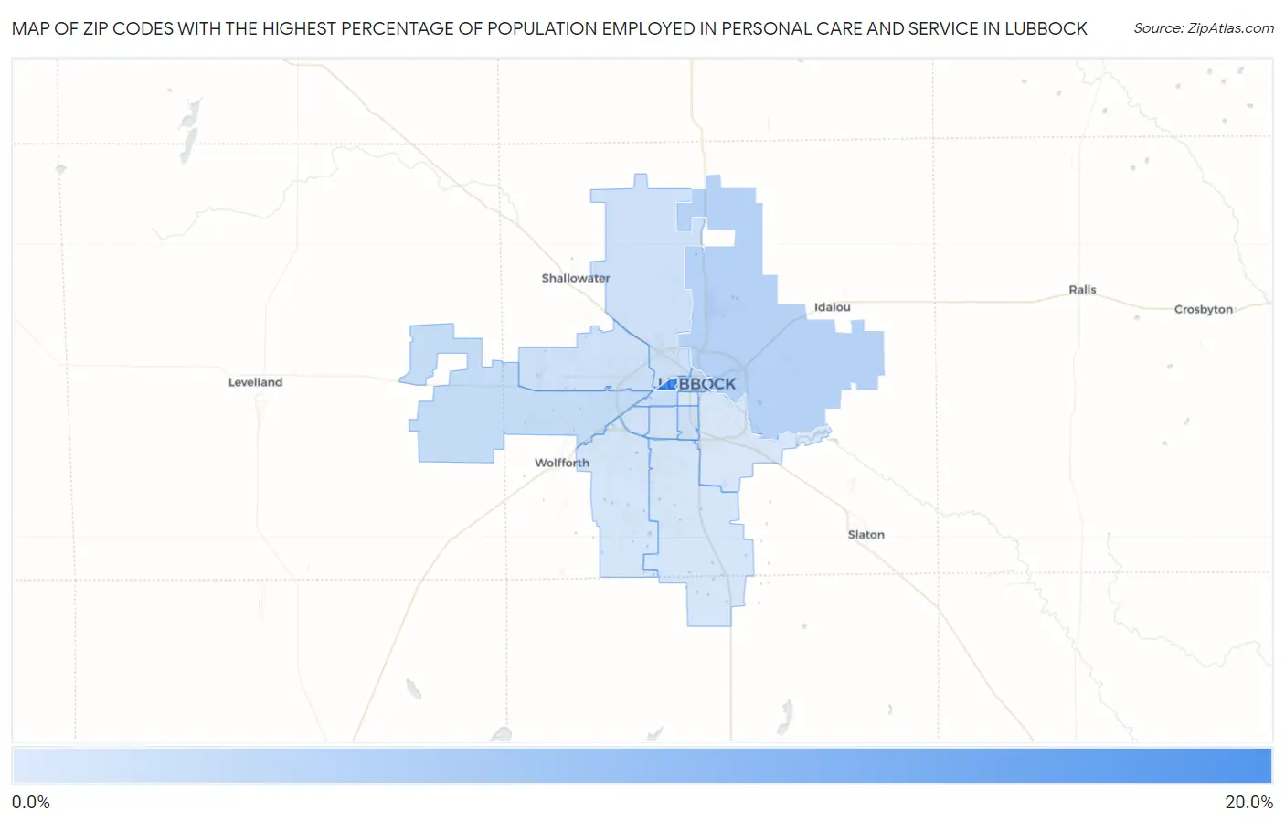 Zip Codes with the Highest Percentage of Population Employed in Personal Care and Service in Lubbock Map