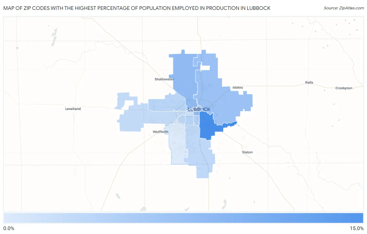 Zip Codes with the Highest Percentage of Population Employed in Production in Lubbock Map