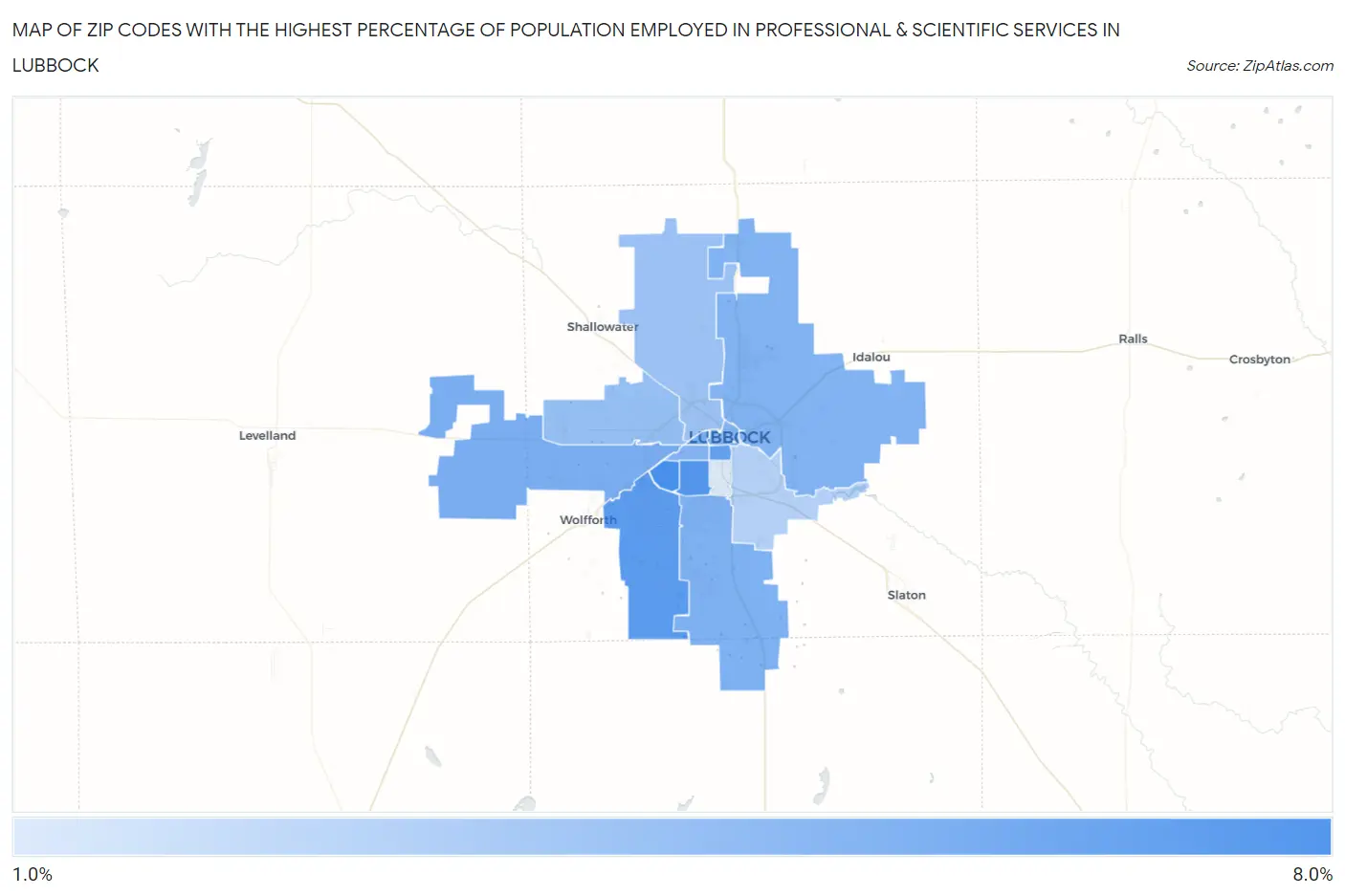 Zip Codes with the Highest Percentage of Population Employed in Professional & Scientific Services in Lubbock Map