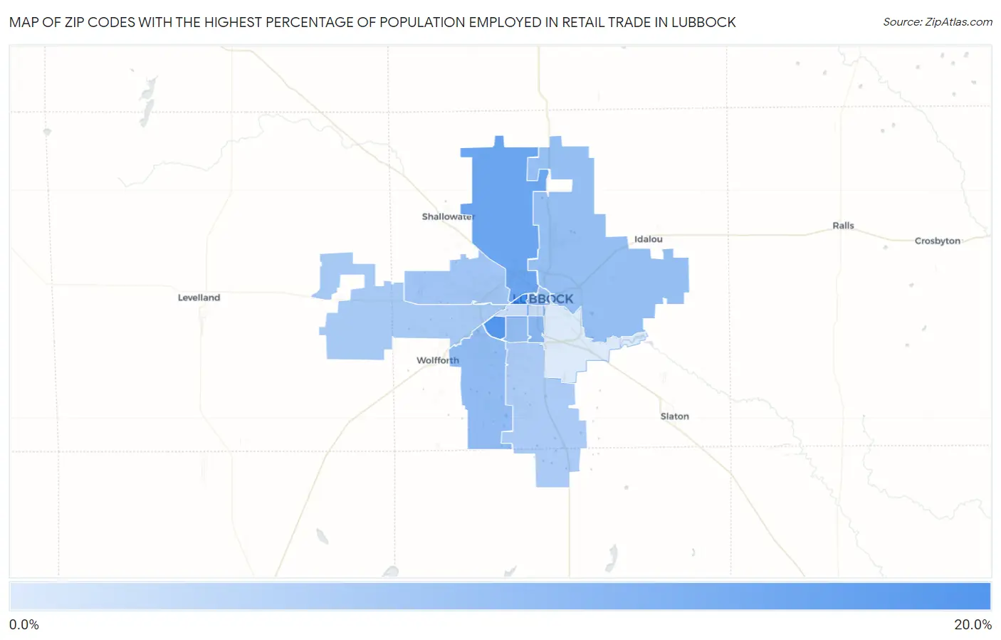 Zip Codes with the Highest Percentage of Population Employed in Retail Trade in Lubbock Map