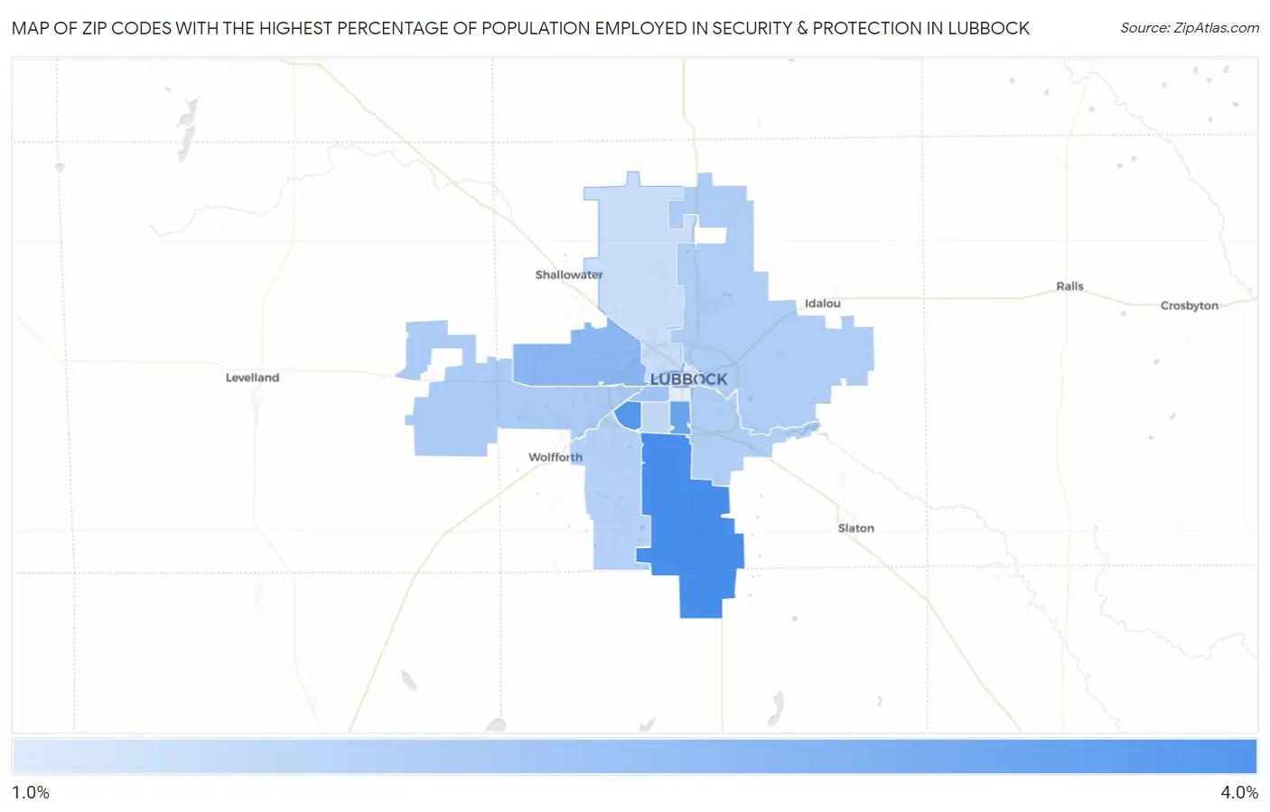 Zip Codes with the Highest Percentage of Population Employed in Security & Protection in Lubbock Map