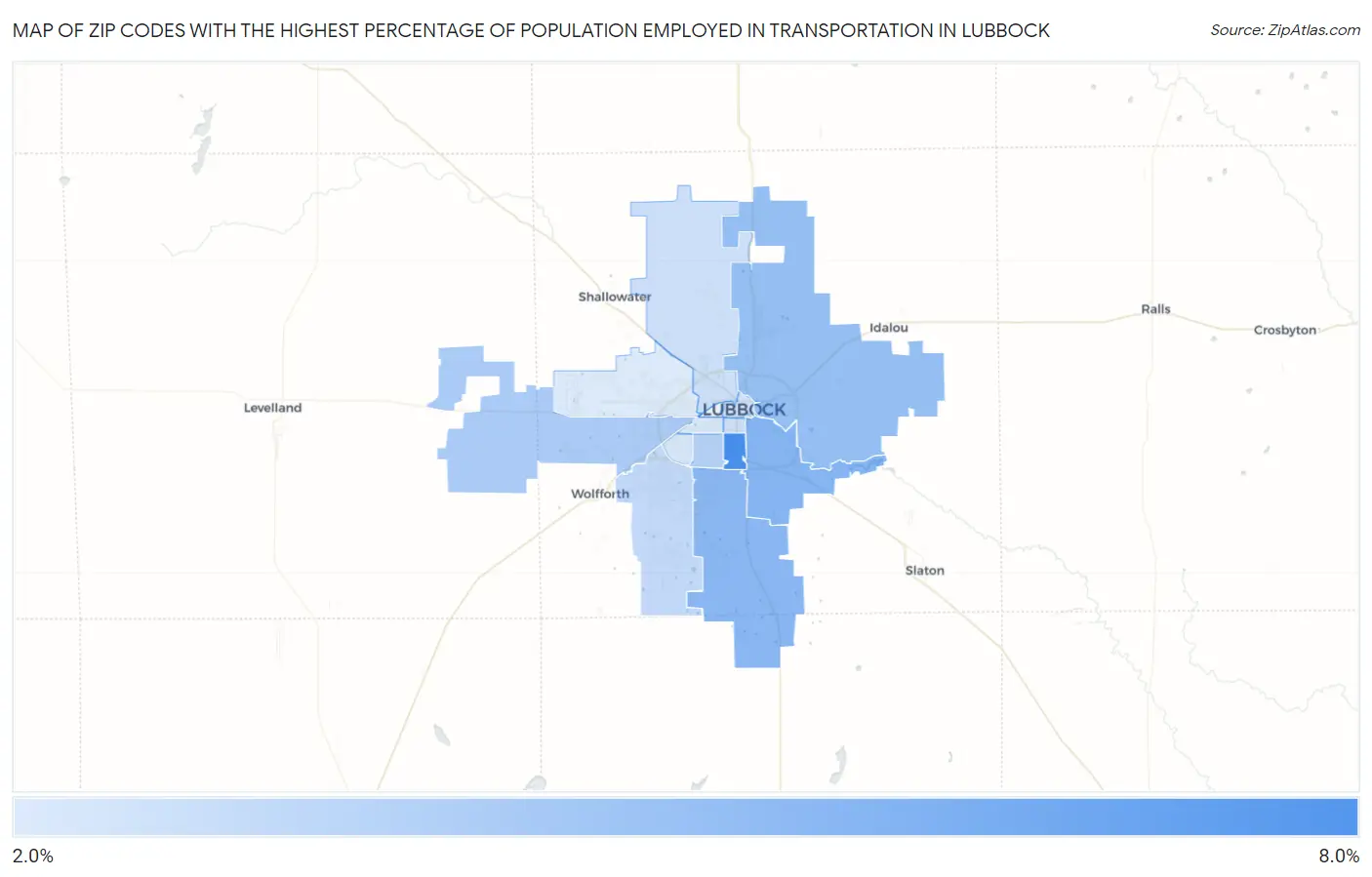 Zip Codes with the Highest Percentage of Population Employed in Transportation in Lubbock Map