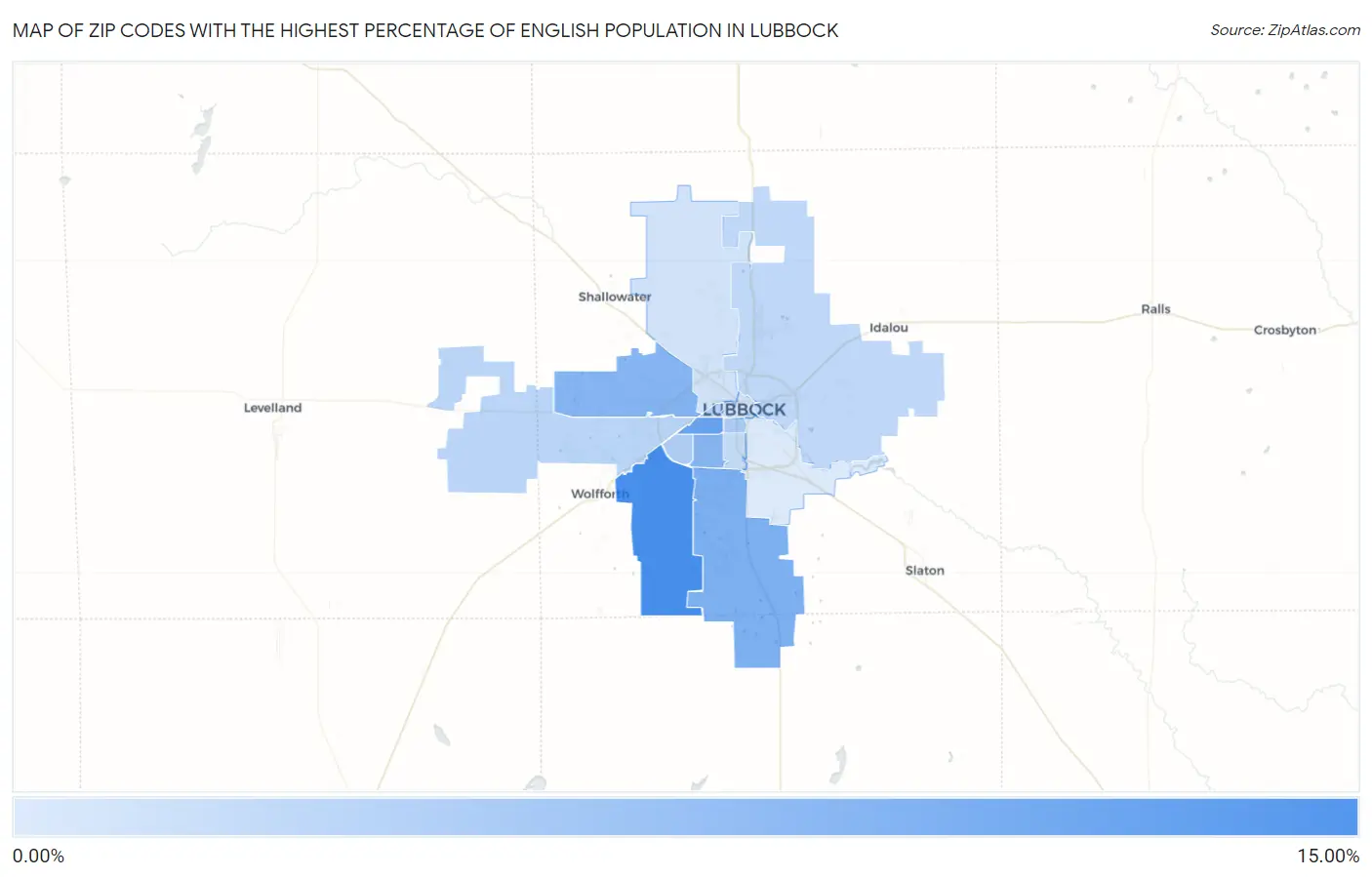 Zip Codes with the Highest Percentage of English Population in Lubbock Map