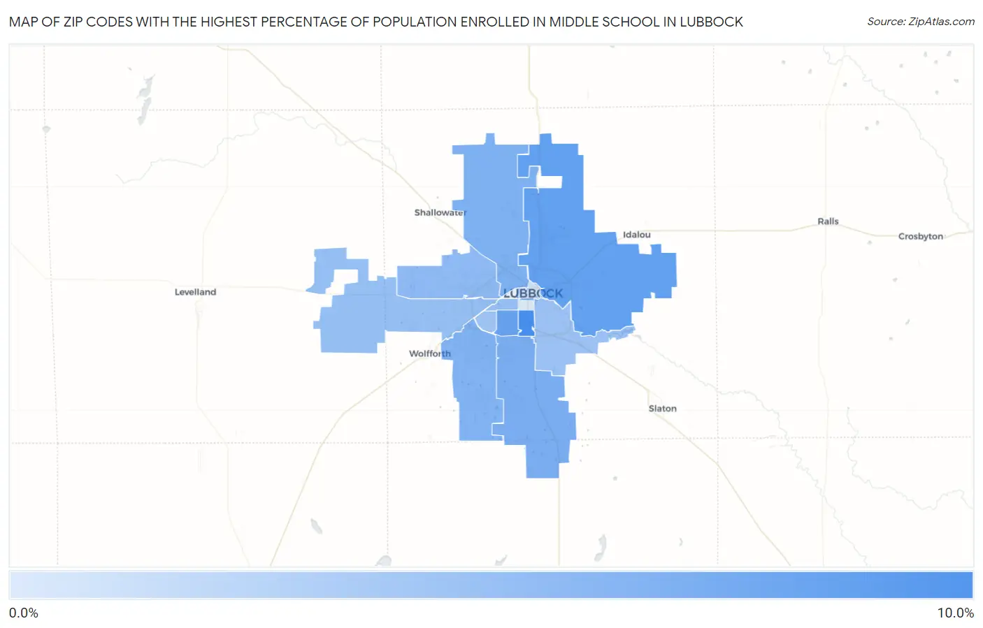 Zip Codes with the Highest Percentage of Population Enrolled in Middle School in Lubbock Map
