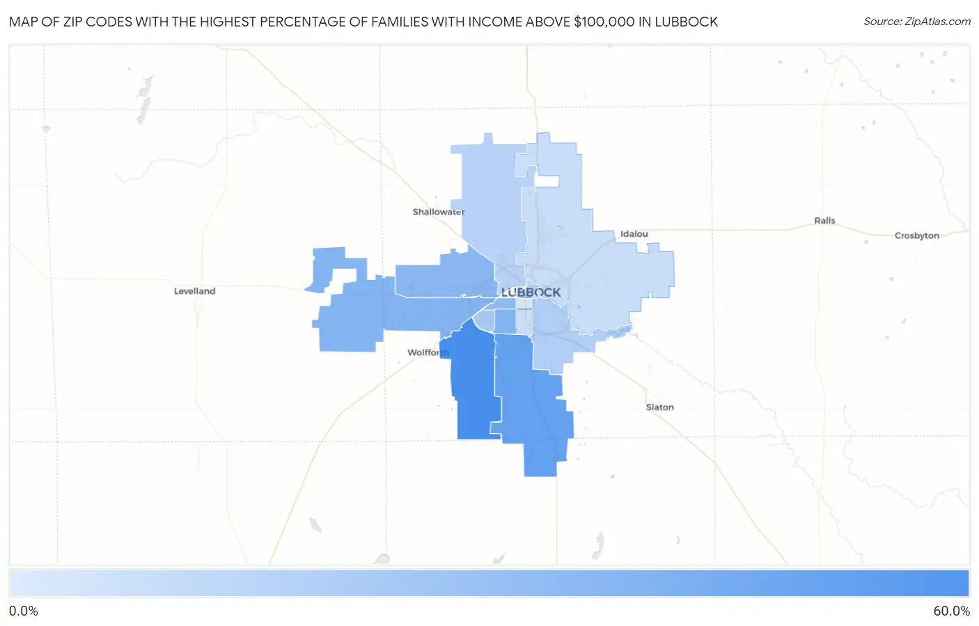 Zip Codes with the Highest Percentage of Families with Income Above $100,000 in Lubbock Map