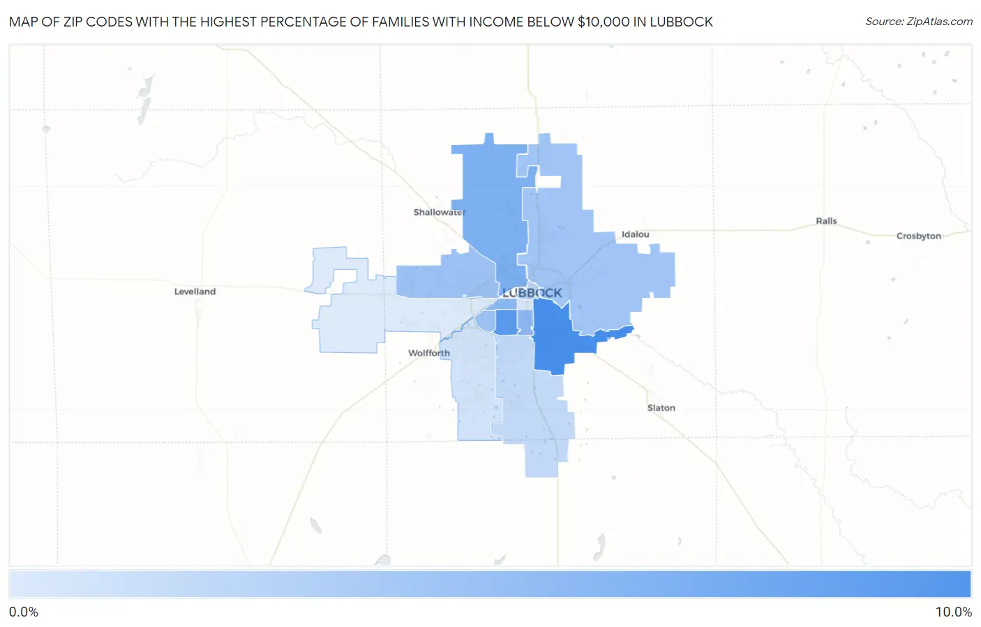 Zip Codes with the Highest Percentage of Families with Income Below $10,000 in Lubbock Map