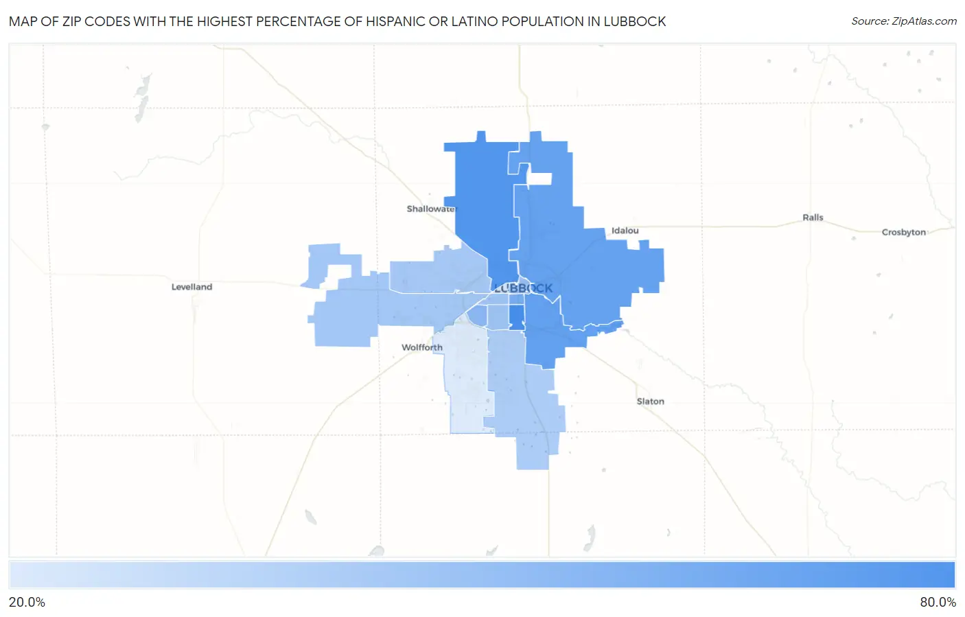 Zip Codes with the Highest Percentage of Hispanic or Latino Population in Lubbock Map