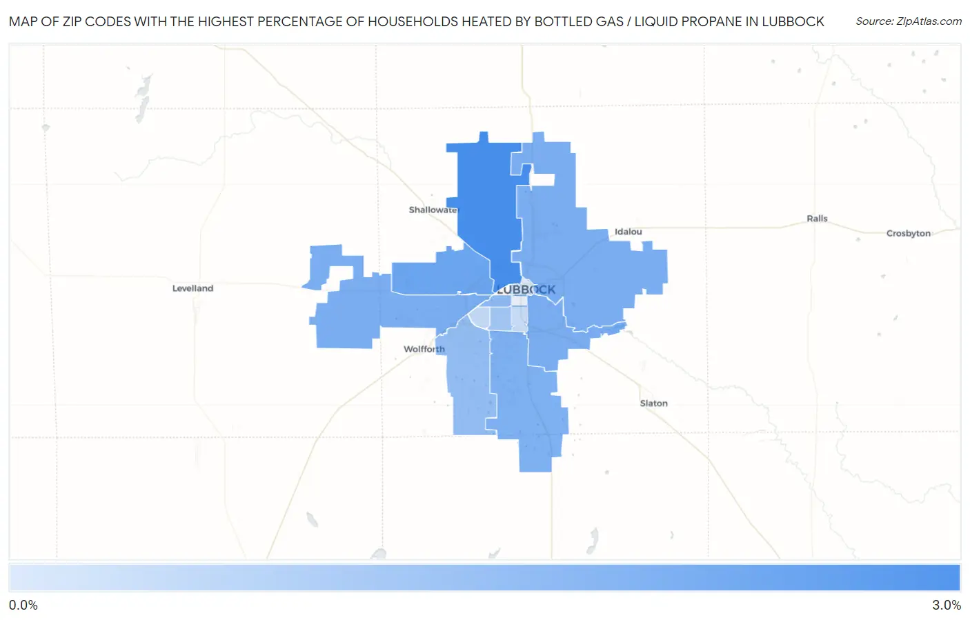Zip Codes with the Highest Percentage of Households Heated by Bottled Gas / Liquid Propane in Lubbock Map
