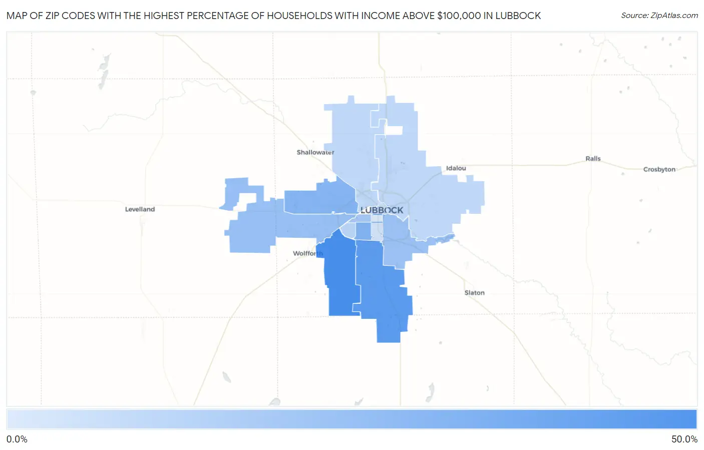 Zip Codes with the Highest Percentage of Households with Income Above $100,000 in Lubbock Map