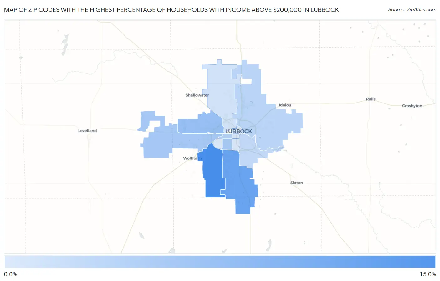 Zip Codes with the Highest Percentage of Households with Income Above $200,000 in Lubbock Map