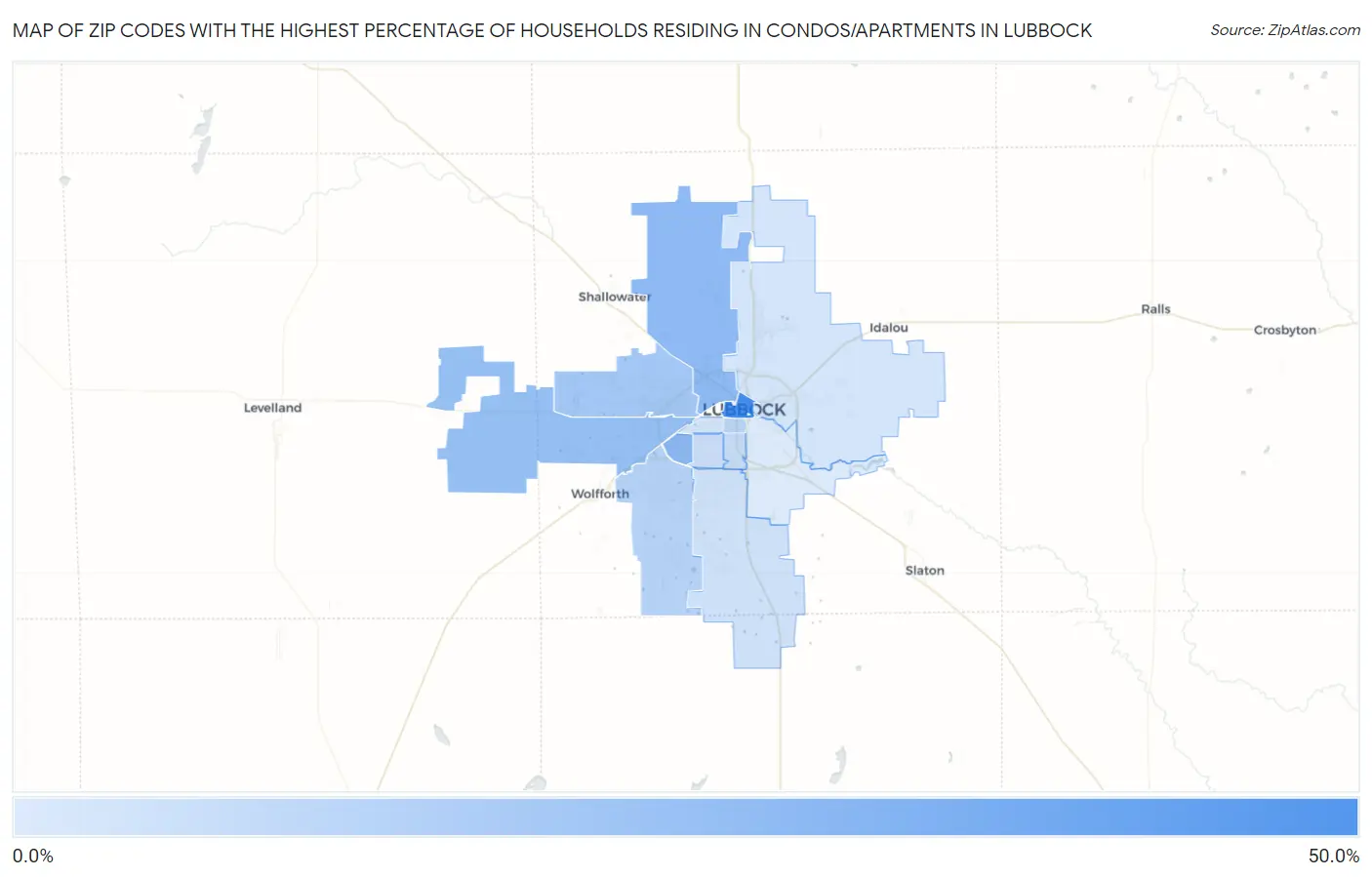 Zip Codes with the Highest Percentage of Households Residing in Condos/Apartments in Lubbock Map