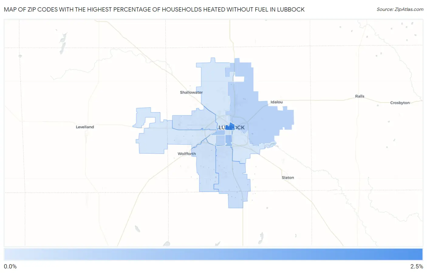 Zip Codes with the Highest Percentage of Households Heated without Fuel in Lubbock Map