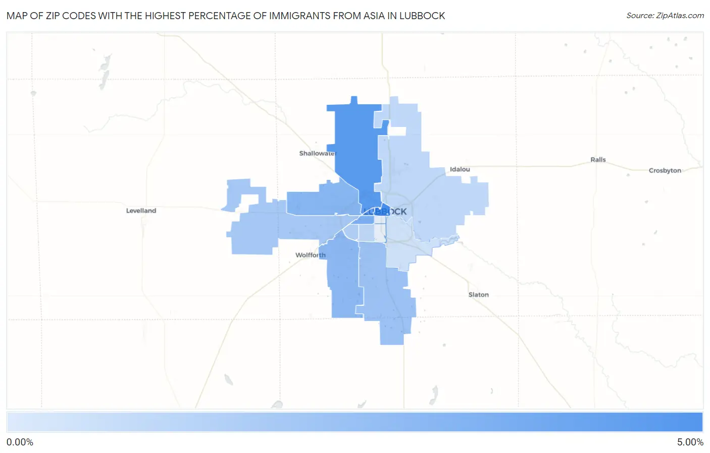 Zip Codes with the Highest Percentage of Immigrants from Asia in Lubbock Map