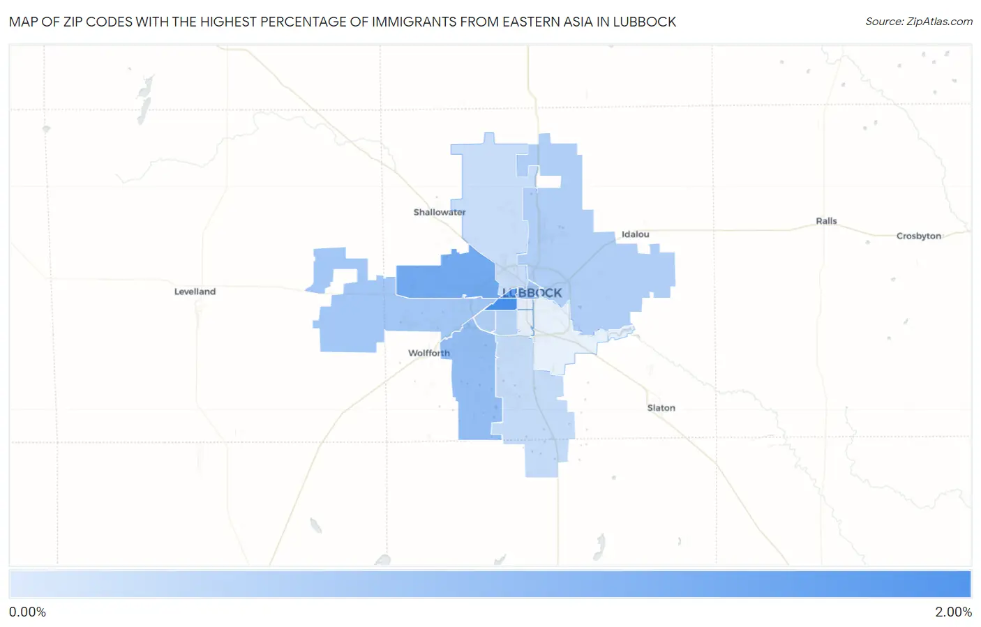 Zip Codes with the Highest Percentage of Immigrants from Eastern Asia in Lubbock Map
