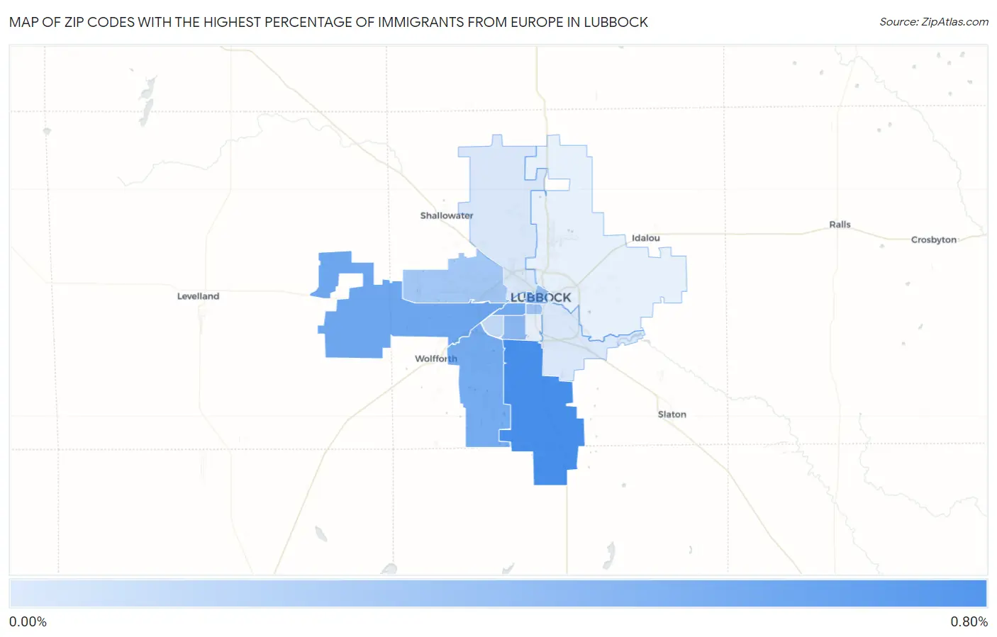 Zip Codes with the Highest Percentage of Immigrants from Europe in Lubbock Map