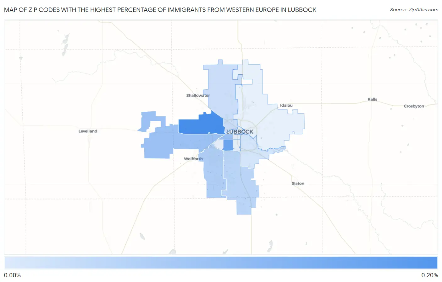 Zip Codes with the Highest Percentage of Immigrants from Western Europe in Lubbock Map