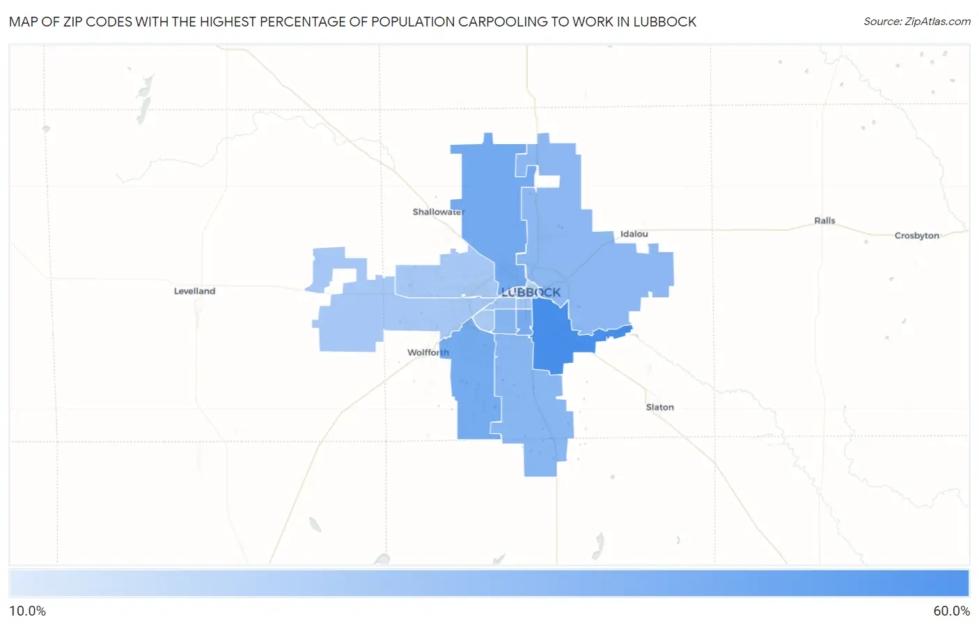 Zip Codes with the Highest Percentage of Population Carpooling to Work in Lubbock Map