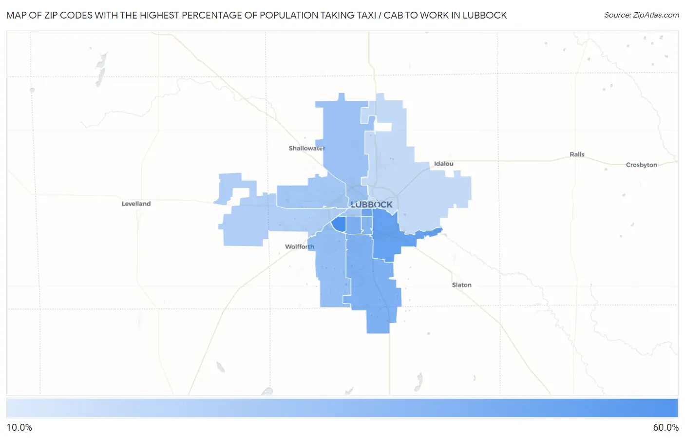 Zip Codes with the Highest Percentage of Population Taking Taxi / Cab to Work in Lubbock Map