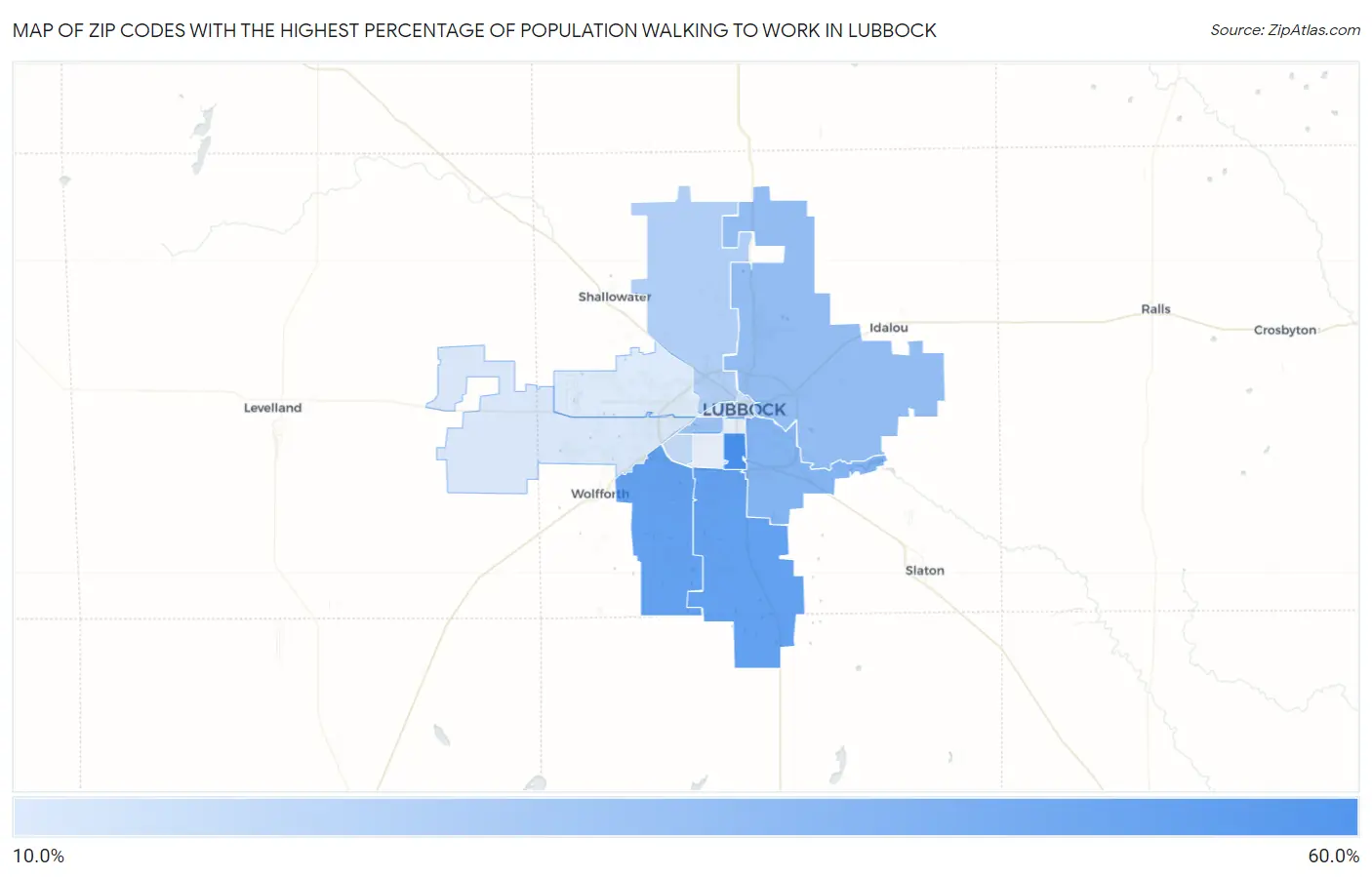 Zip Codes with the Highest Percentage of Population Walking to Work in Lubbock Map