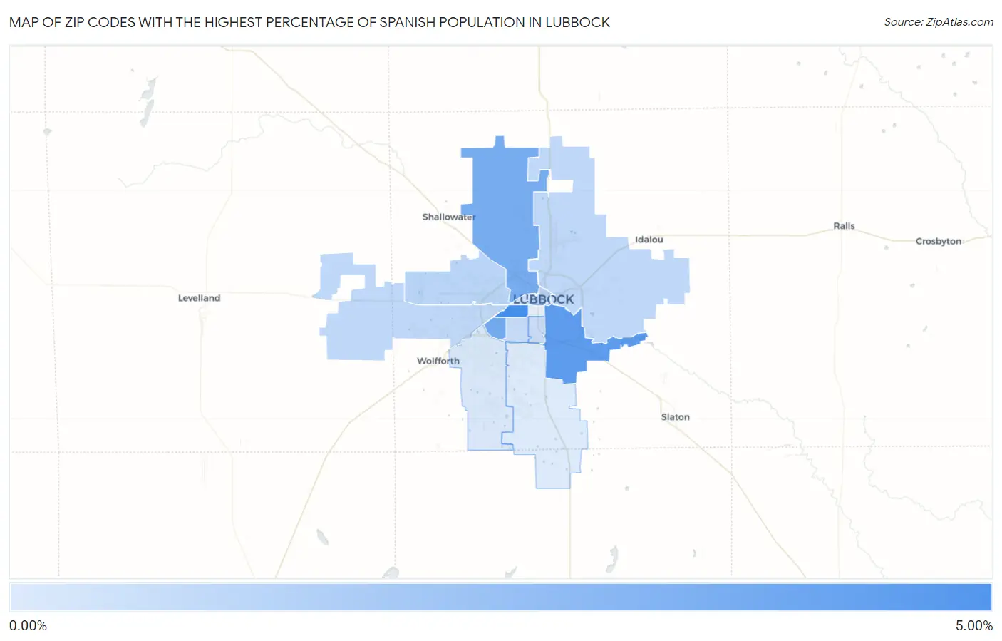 Zip Codes with the Highest Percentage of Spanish Population in Lubbock Map
