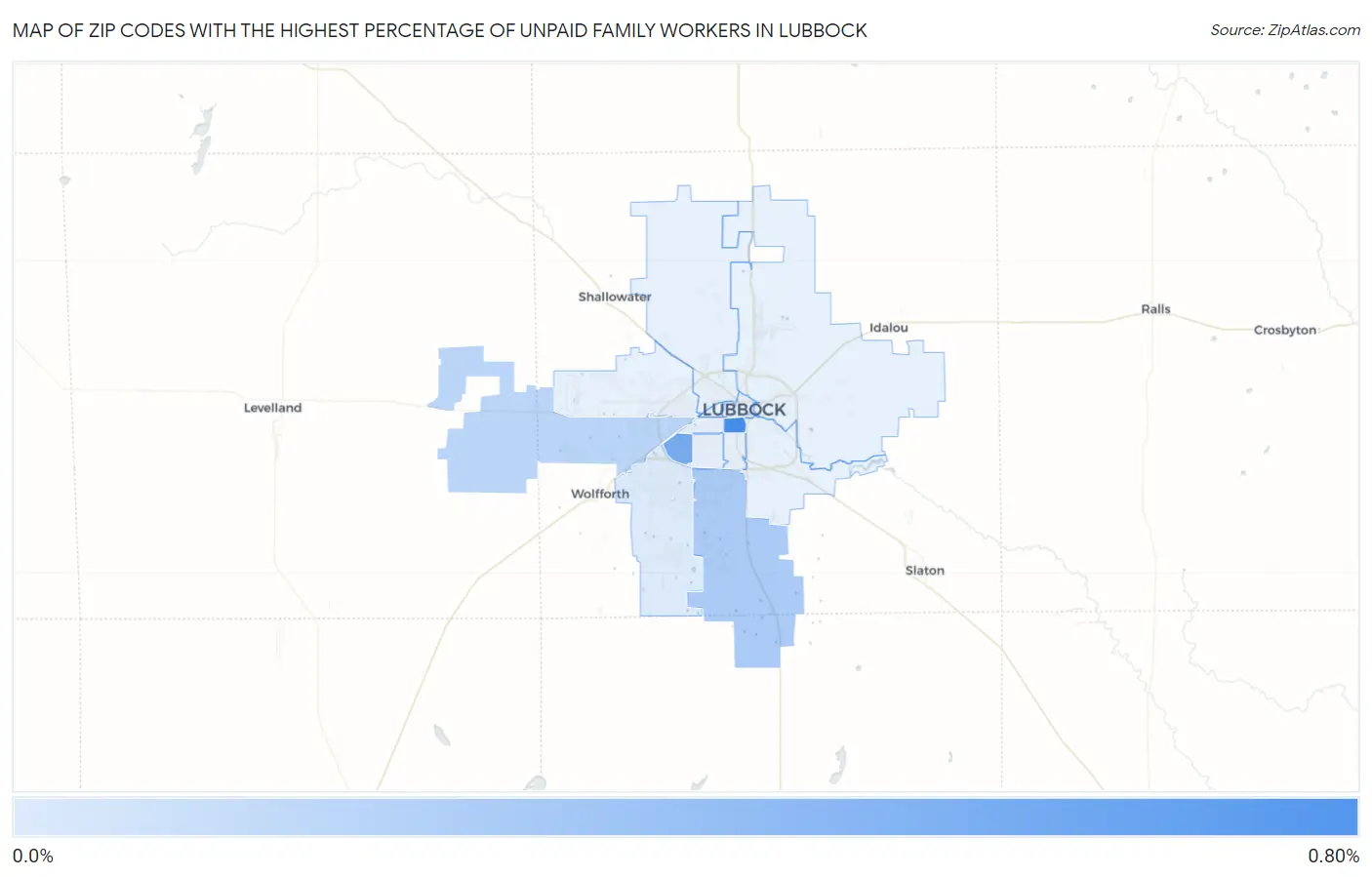 Zip Codes with the Highest Percentage of Unpaid Family Workers in Lubbock Map