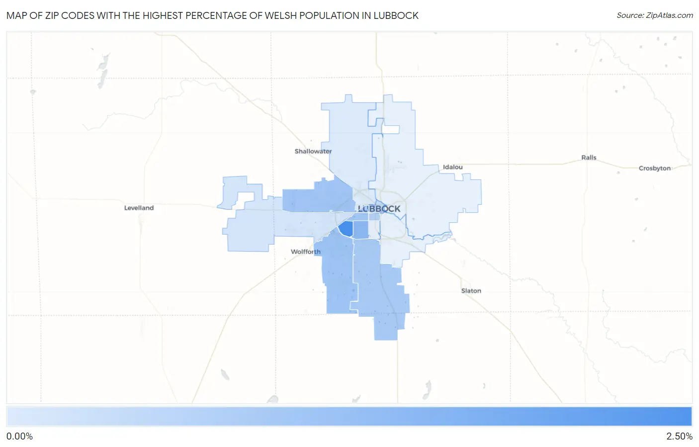 Zip Codes with the Highest Percentage of Welsh Population in Lubbock Map