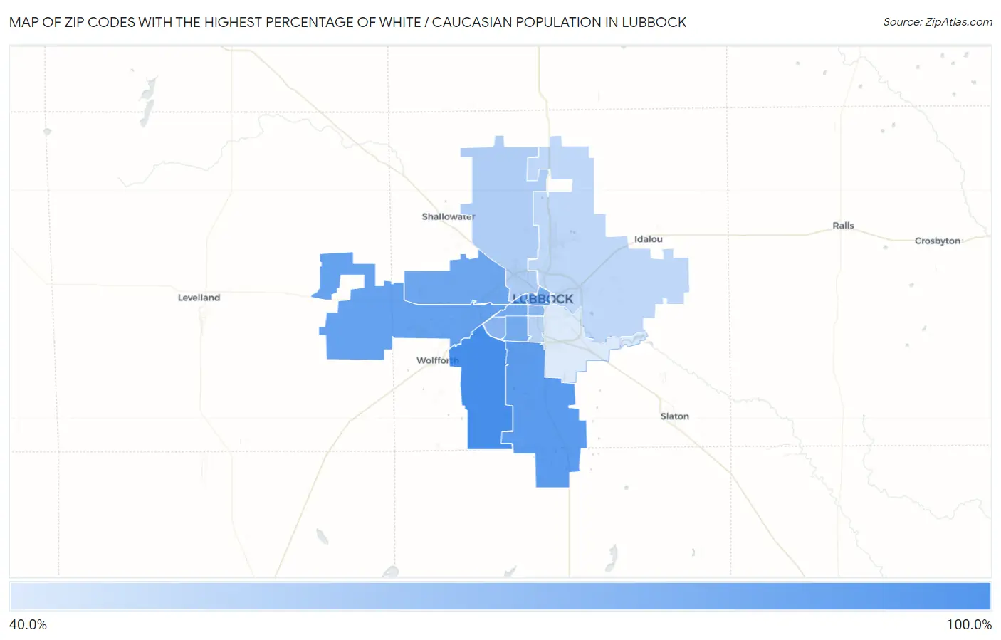 Zip Codes with the Highest Percentage of White / Caucasian Population in Lubbock Map