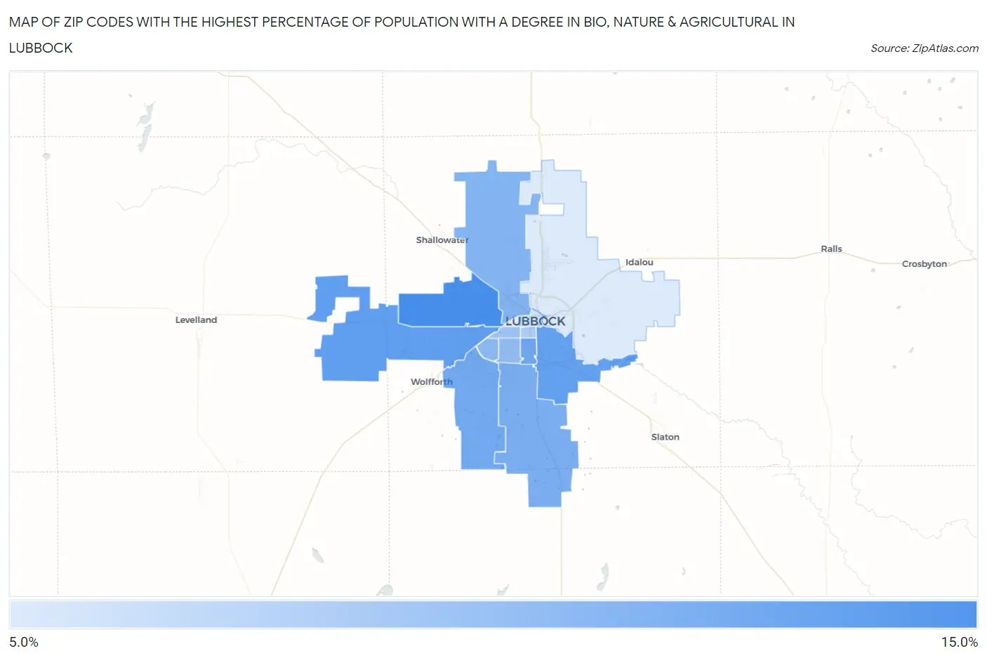 Zip Codes with the Highest Percentage of Population with a Degree in Bio, Nature & Agricultural in Lubbock Map
