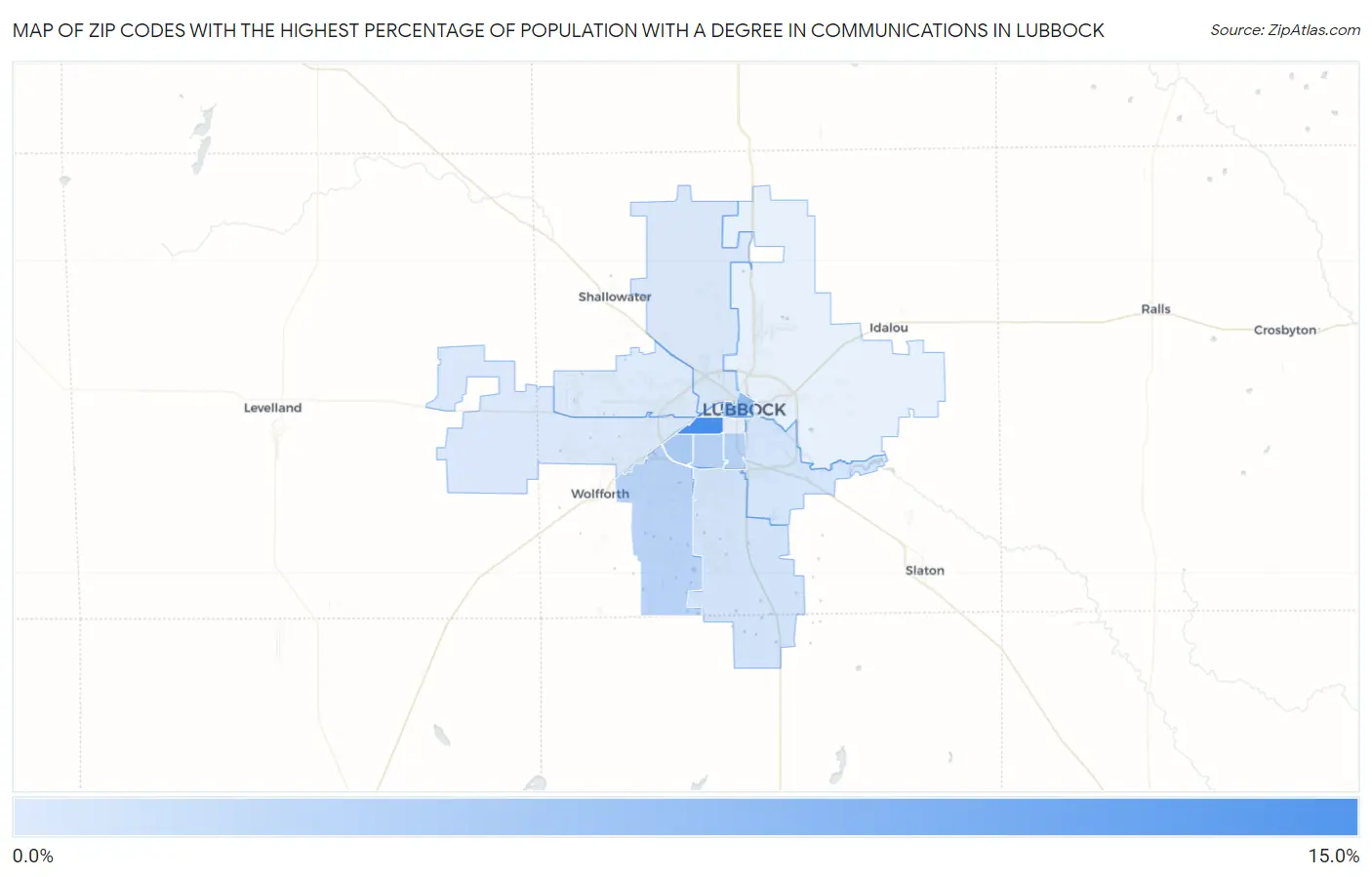 Zip Codes with the Highest Percentage of Population with a Degree in Communications in Lubbock Map