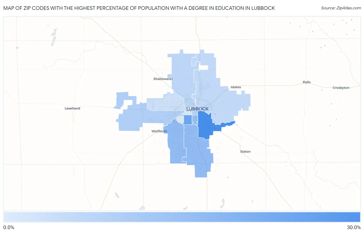 Zip Codes with the Highest Percentage of Population with a Degree in Education in Lubbock Map