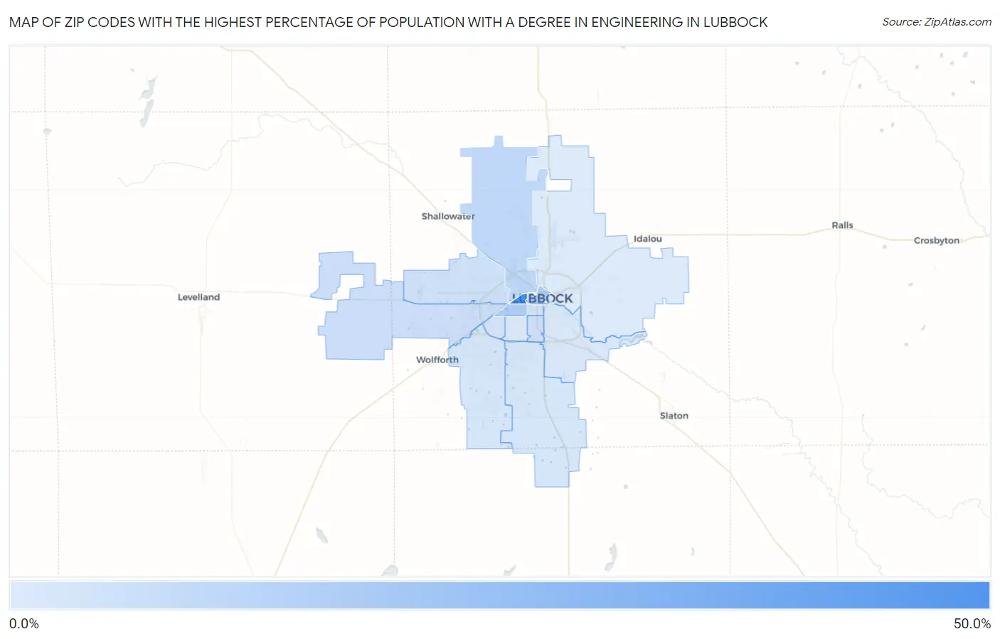 Zip Codes with the Highest Percentage of Population with a Degree in Engineering in Lubbock Map