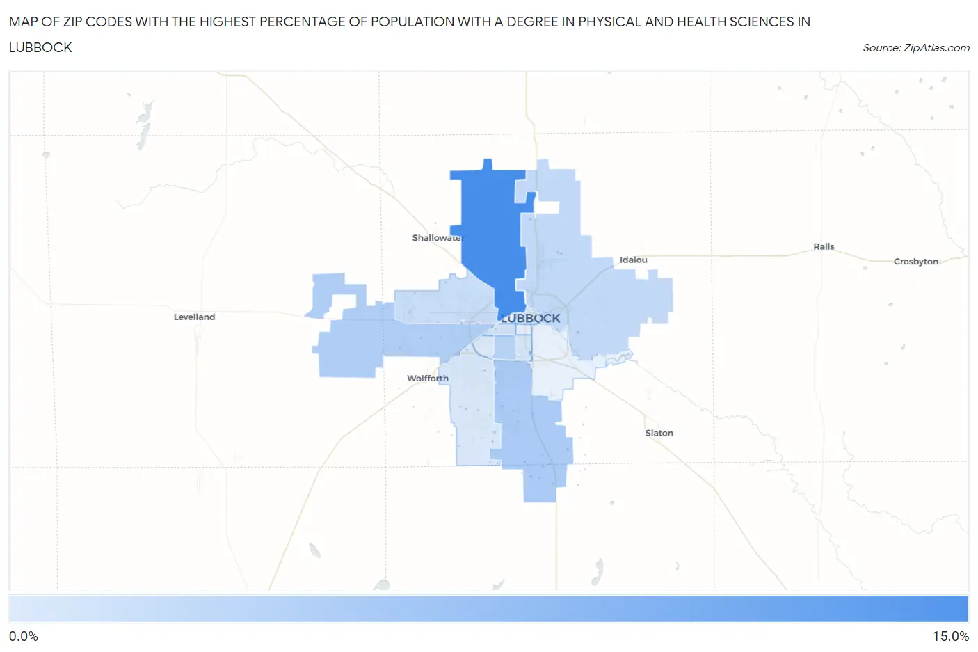 Zip Codes with the Highest Percentage of Population with a Degree in Physical and Health Sciences in Lubbock Map