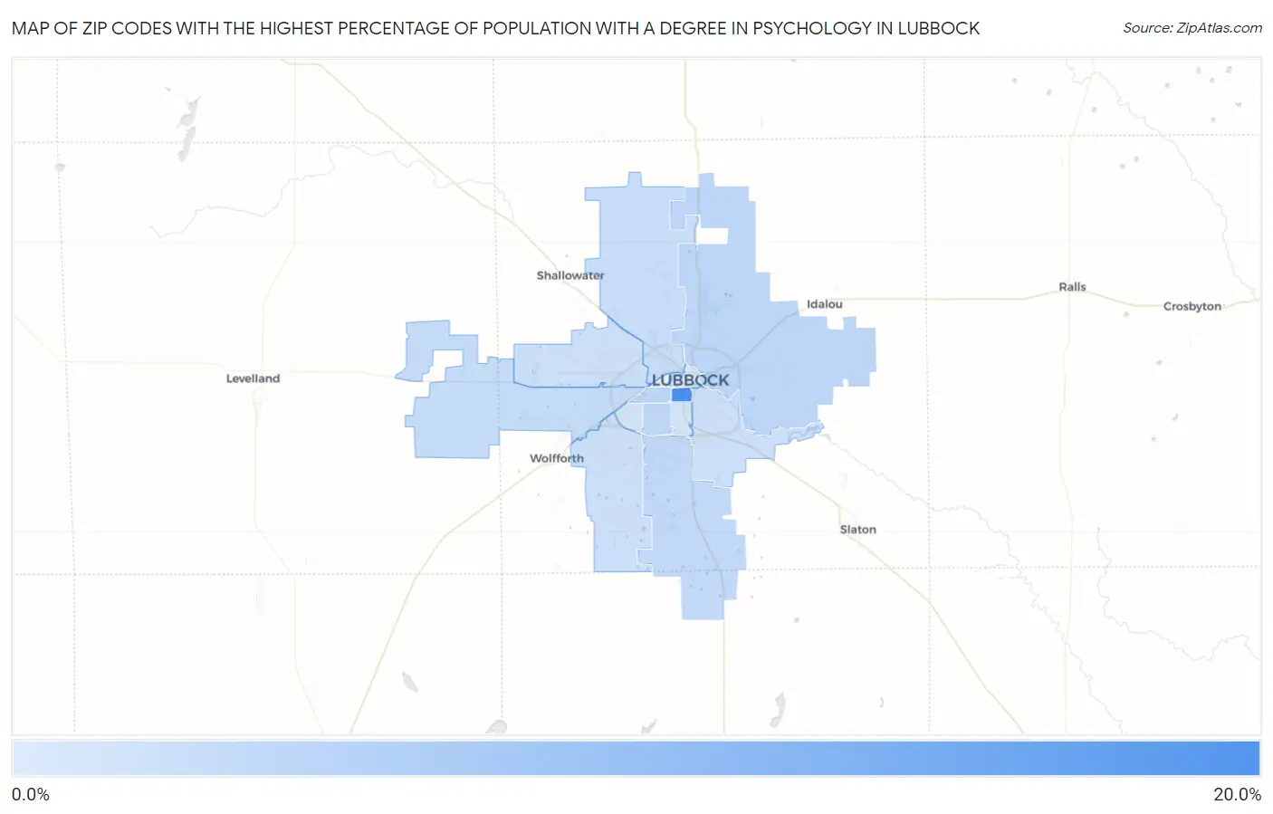Zip Codes with the Highest Percentage of Population with a Degree in Psychology in Lubbock Map