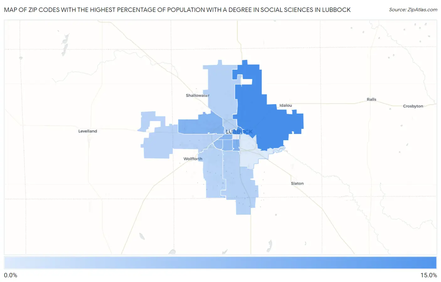 Zip Codes with the Highest Percentage of Population with a Degree in Social Sciences in Lubbock Map
