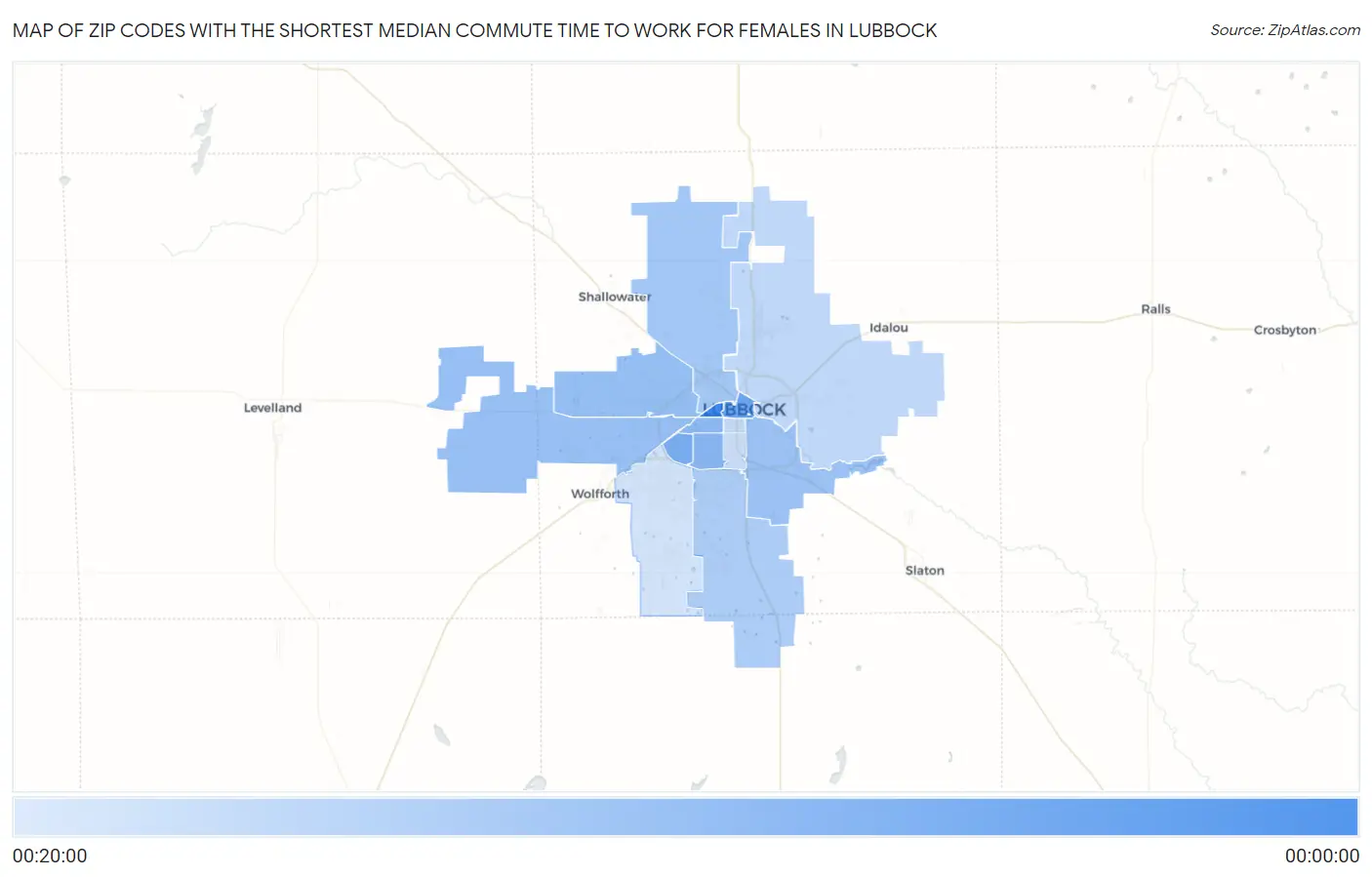 Zip Codes with the Shortest Median Commute Time to Work for Females in Lubbock Map