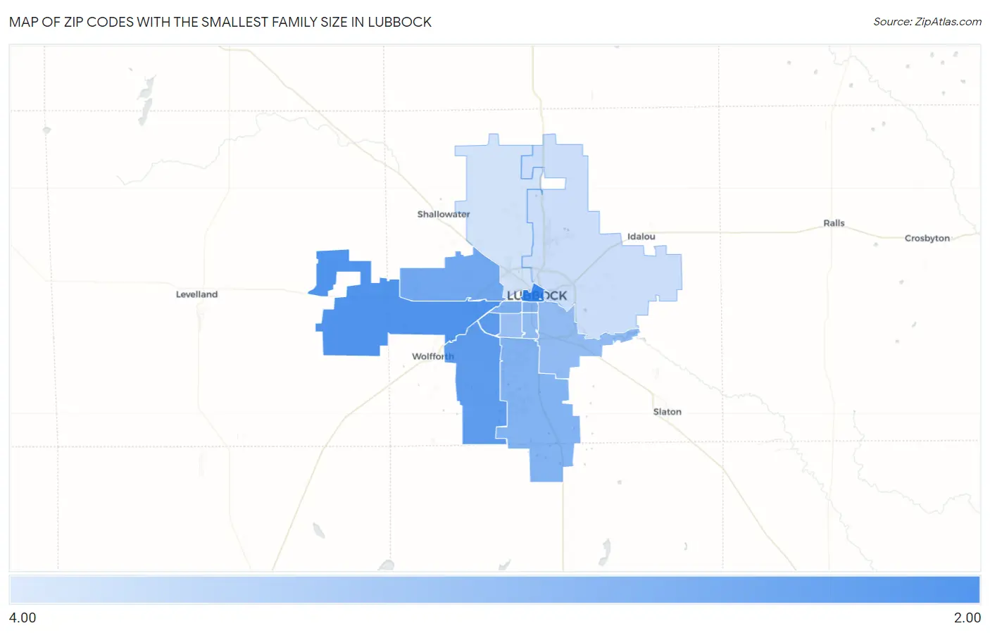 Zip Codes with the Smallest Family Size in Lubbock Map
