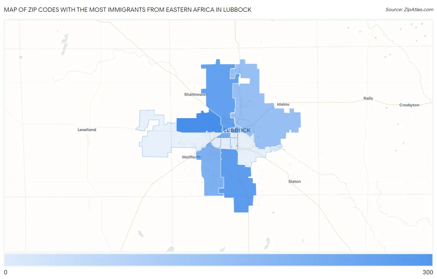 Zip Codes with the Most Immigrants from Eastern Africa in Lubbock Map