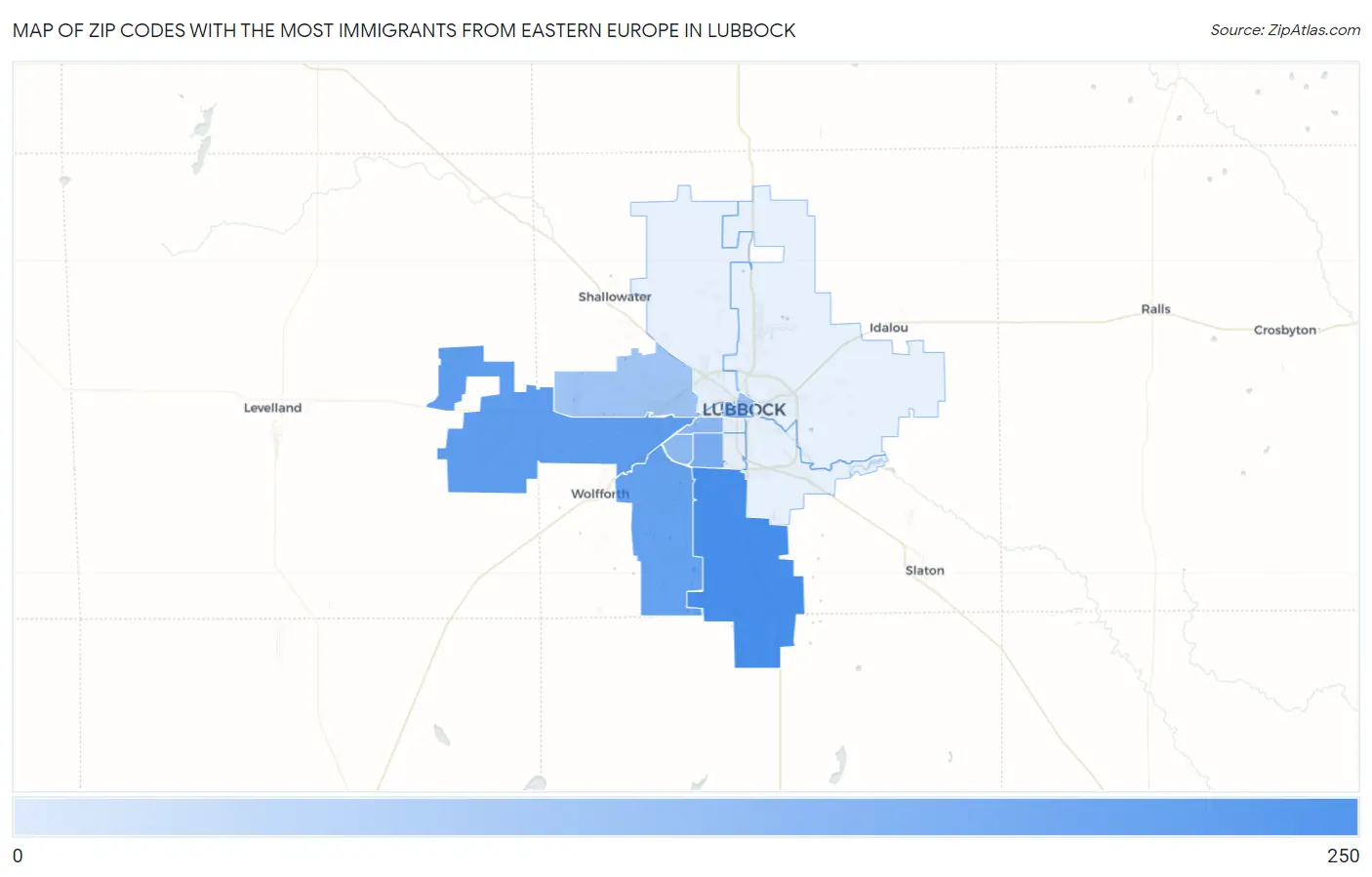 Zip Codes with the Most Immigrants from Eastern Europe in Lubbock Map