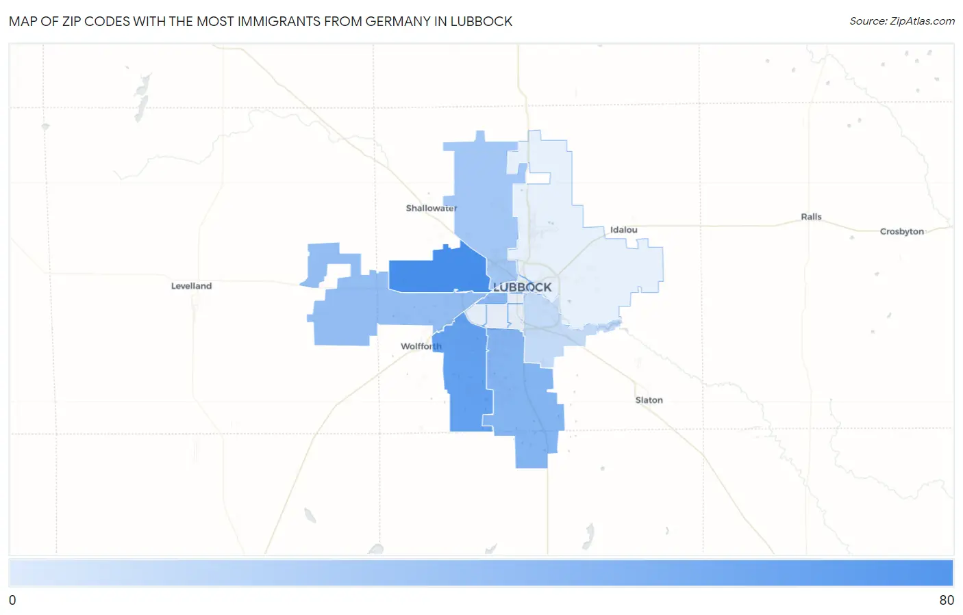 Zip Codes with the Most Immigrants from Germany in Lubbock Map