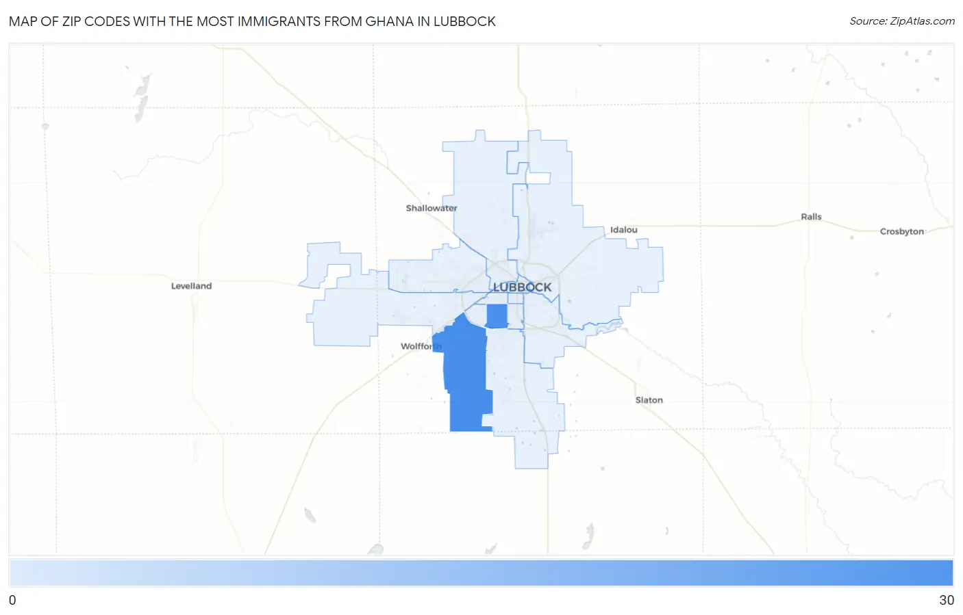 Zip Codes with the Most Immigrants from Ghana in Lubbock Map